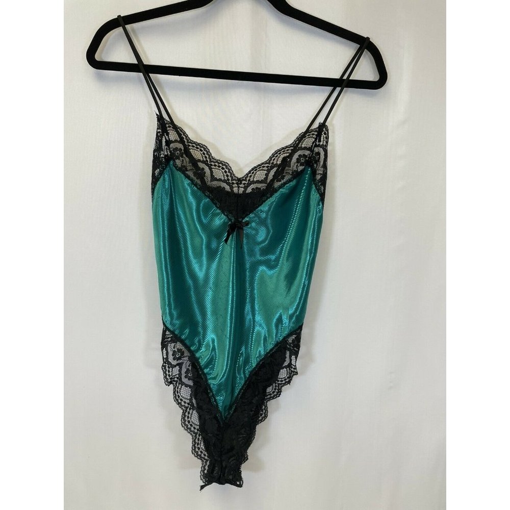 Vintage Lady Cameo Nylon Teal Lacey Bodysuit Teddy Lingerie Made In USA SZ M